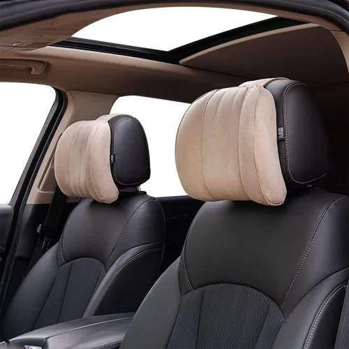 Vista 2 de Almohada para reposacabezas de automóvil, tela de gamuza suave, espuma viscoelástica, almohada para el cuello del automóvil, máxima comodidad y Beige