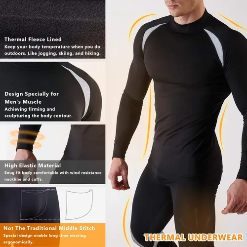 Vista 3 de Muezna Conjunto térmico para hombre con parte superior e inferior, capa base larga con forro polar suave