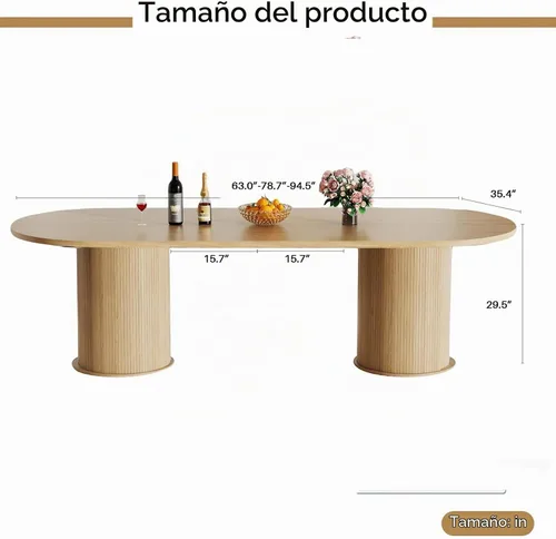Vista 2 de Mesa de comedor extensible de madera de 63 a 94 pulgadas para 6-8-10 personas, mesa de cocina ovalada expandible con base de gabinete acanalada Mesa