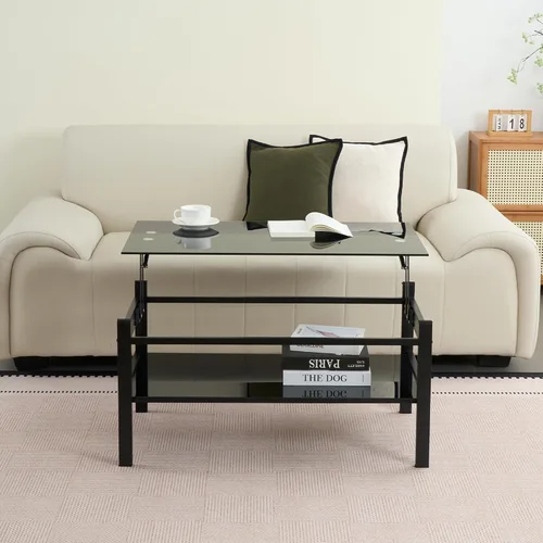 Vista 9 de Mesa de centro elevable con almacenamiento, mesas de centro modernas de vidrio negro para sala de estar, 37.8 pulgadas rectangular de vidrio