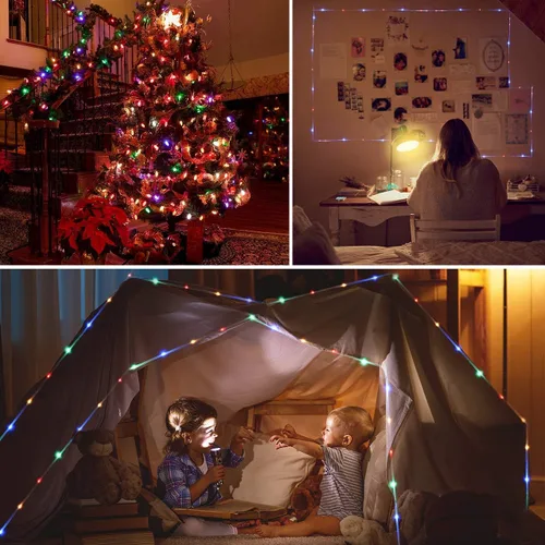 Vista 7 de Tira de luces LED que funciona con pilas, cadena de luces de hadas de 40 pies, 120 LEDs, 8 modos, para exteriores, impermeable