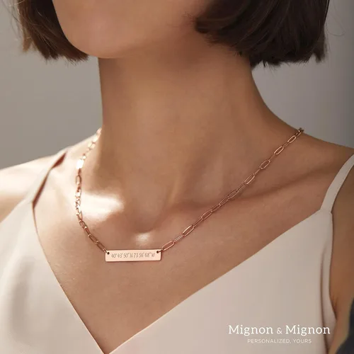 Vista 7 de MignonandMignon Custom Coordinate Necklace for Her Paper Clip Chain Personalized Gift Engraved Name Best Friend Birthday Nameplate Pendant -P-4N