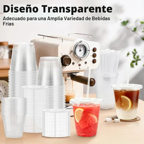 Vista 5 de Lamosi Paquete de 100 vasos de plástico transparente de 12 onzas con tapas y pajitas, tazas de café de plástico desechables con tapas para café