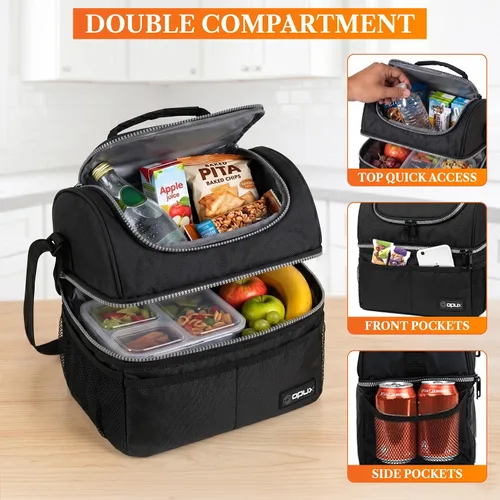 Vista 5 de OPUX Lonchera para hombres y mujeres, bolsa de almuerzo grande aislada para trabajo de adultos, lonchera de dos pisos para preparación de comidas