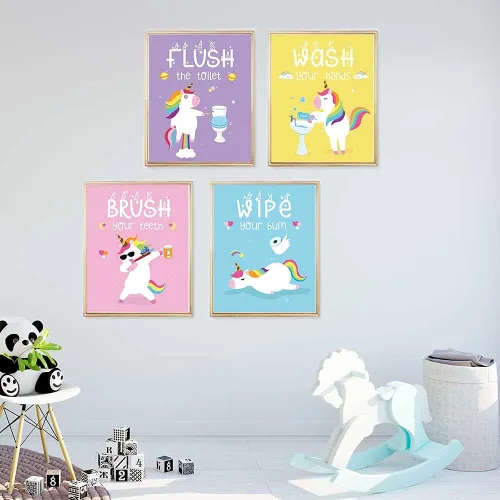 Vista 4 de Divertida decoración de baño de unicornio, bonitas pinturas de regalo para niños, cepillo de lavado, unicornio arco iris para niñas, impresiones