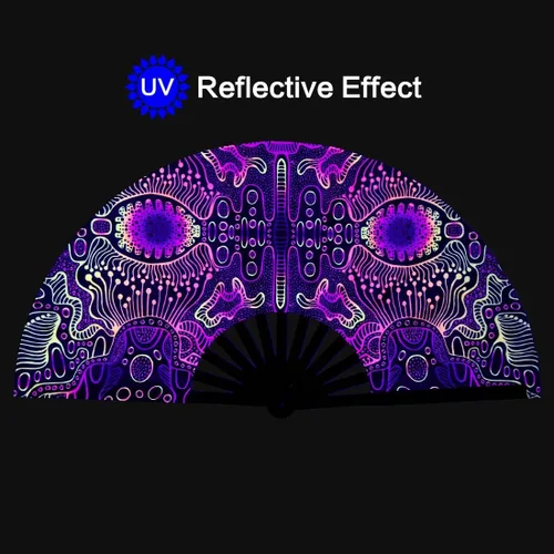 Vista 2 de Abanico para rave con brillo ultravioleta, abanico de mano plegable de bambú para hombres y mujeres (psicodélico espacial, mediano de 11 pulgadas)