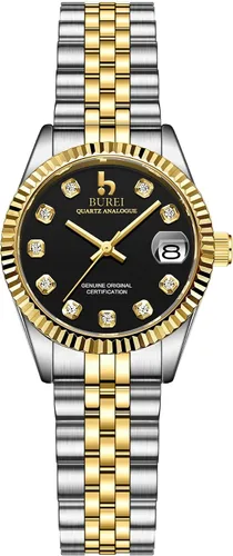 Vista 11 de BUREI Reloj de negocios para mujer con fecha de día, movimiento de cuarzo analógico, pulsera de acero inoxidable de oro plateado, reloj de moda