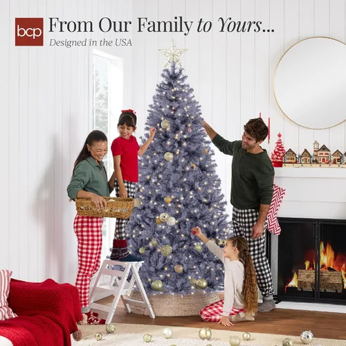 Vista 128 de Best Choice Products Árbol de Navidad azul bebé preiluminado de 6 pies, decoración navideña artificial completa con 947 puntas de rama, 250 luces