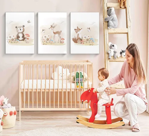 Vista 5 de MIZILI Lienzo de animales del bosque para cuarto de bebé, arte de pared, pinturas de animales salvajes, acuarela, decoración de pared, oso zorro