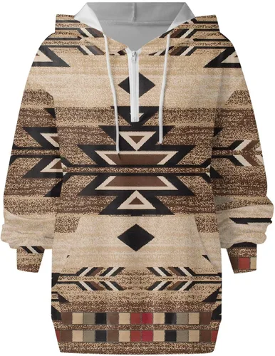 Vista 4 de Sudaderas con capucha estilo étnico azteca occidental para mujer, estilo casual, folk, manga larga, con bolsillo