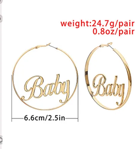 Vista 2 de Pendientes de aro de palabra retro para bebé, hip-hop, dorados, grandes huecos, redondos, con letras circulares, personalidad exagerada, joyería