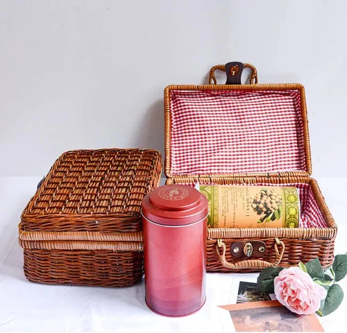 Vista 6 de Maleta de ratán cesta de almacenamiento tejida a mano de mimbre vintage maleta organizador de maquillaje bolsa de ratán cesta de picnic para viajes