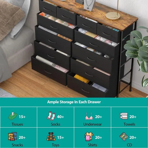 Vista 6 de VASICAR Cómoda grande para dormitorio con 12 cajones profundos, cómoda de tela alta, cómoda para armario, guardería, sala de estar, lavandería Negro