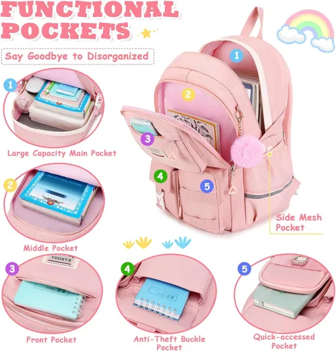Vista 4 de Mochila Kawaii para niñas, mochila para escuela, bonita mochila con múltiples bolsillos, mochila de moda para escuela primaria y secundaria, Rosado