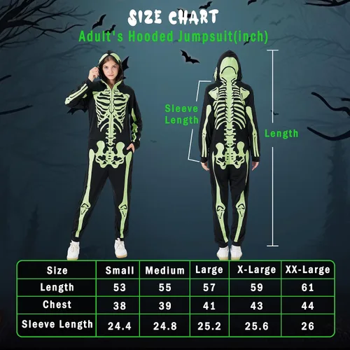 Vista 6 de PARTISKY Adult Onesie Skeleton Costume Women & Men, Glow in the Dark Halloween Skeleton Jumpsuit with Zipper Hooded