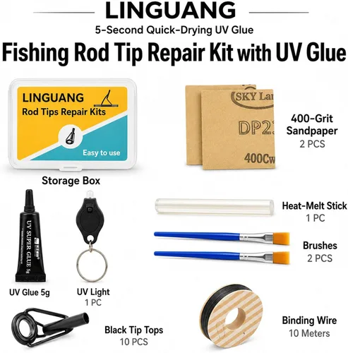 Vista 2 de 10PCS Bulk Fishing Rod Tip Repair Kit for Baitcaster & Spinning Pole, Small to Large Stainless Steel Top Replacement for Freshwater & Saltwater