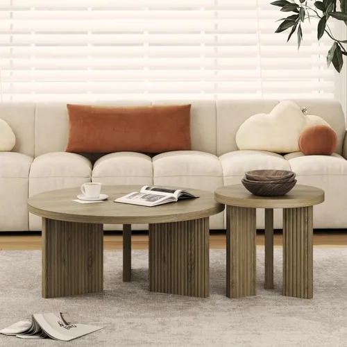 Vista 19 de Mesa de centro redonda de madera, mesa de centro de 35 pulgadas con mesa gruesa y lisa, mesa central de círculo bajo con patas estables