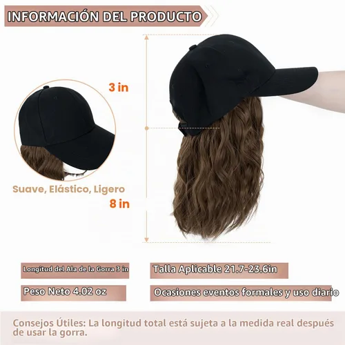 Vista 4 de S-noilite Peluca de gorra de béisbol con extensiones de cabello, 8 pulgadas, corta, rizada, ondulada, estilo Bob, peinado, ajustable, con cabello