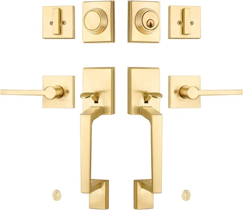 Vista 2 de EHOMEWARE Juego de manijas dobles para puerta delantera, paquete de 1 manija de puerta cuadrada de latón satinado, combinación de perilla de puerta