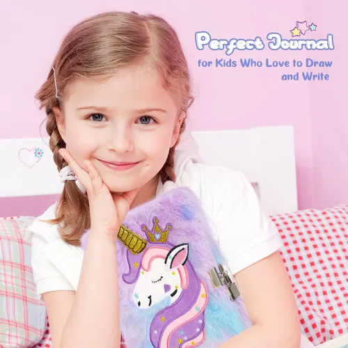 Vista 6 de homicozy Diario de unicornio para niños con cerradura y llave, diario difuso de teñido anudado para niñas de 6 años en adelante, cuaderno de tapa