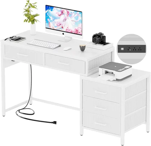Vista 9 de Unikito Escritorio de computadora reversible con 5 cajones, escritorio de oficina resistente con tomas de corriente y puertos USB, mesa de escritura