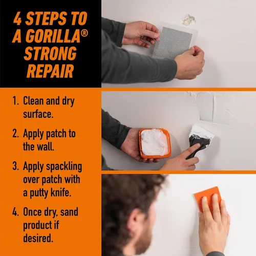 Vista 6 de Gorilla - Kit de reparación de pared con revestimiento, resistente, resanador + imprimación en color blanco Includes 3 in Putty Knife, Sanding