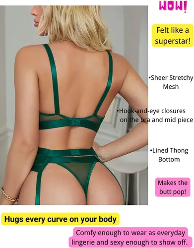 Vista 3 de Lenceria con liguero para mujer, conjunto de encaje traslúcido y sexy de 4piezas