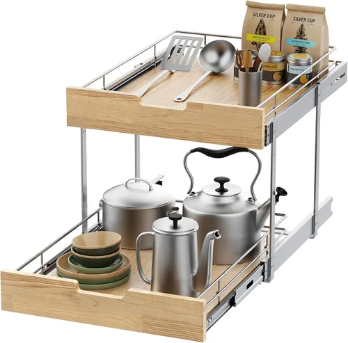 Vista 10 de Sikarou Organizador de gabinete extraíble, estante deslizante resistente, cesta de madera y alambre, cajón extraíble para cocina debajo
