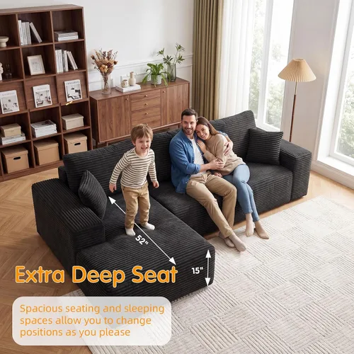 Vista 7 de Sofá seccional Cloud de 104 pulgadas con diván en forma de L, moderno sofá modular seccional de pana, sofás sin hueso para sala de estar y Negro
