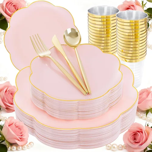 Vista 19 de ejonirinjonir EI - 180 platos de plástico beige con cubiertos de plástico dorado, platos desechables de alta resistencia para fiestas, juego