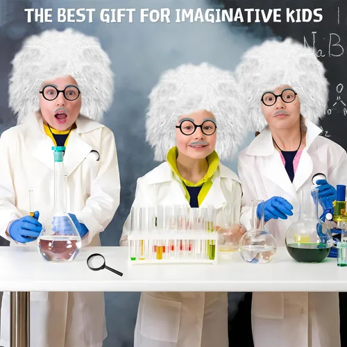 Vista 3 de Kids Mad Scientist Costume 9 Pcs Set With Wig 100th Day of School Old Man Albert Einstein Costume for 5-14 Years