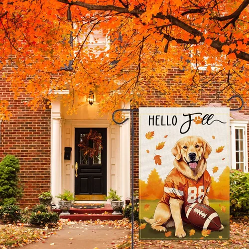 Vista 4 de Balgardekor Bandera de jardín de fútbol de otoño Golden Retriever para exteriores, bandera de arpillera de bienvenida para exteriores, decoración