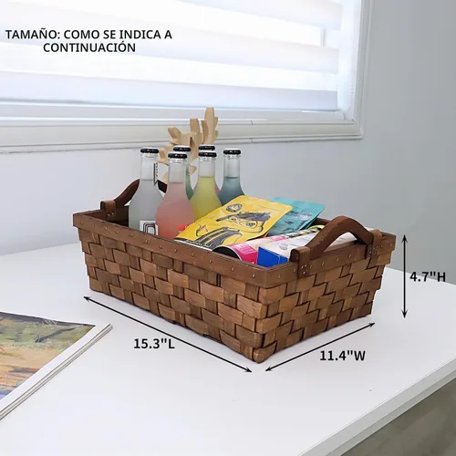 Vista 2 de Cesta rectangular de mimbre, bandeja de almacenamiento de madera tejida con asas para pan de regalo (marrón oscuro)