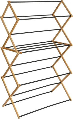 Vista 9 de Household Essentials Estante plegable de secado de ropa de bambú de gran tamaño, estante de lavandería de lujo con 11 clavijas, respetuoso