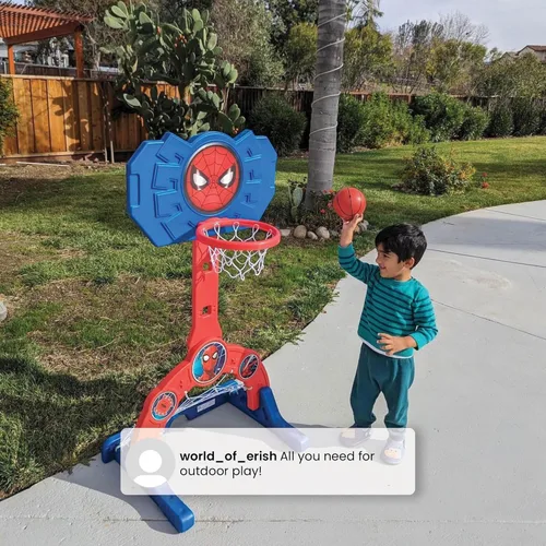 Vista 6 de Delta Children Marvel Spider Man Centro Deportivo 4 en 1 – Aro de Baloncesto Ajustable Easy Score, Red de Fútbol/Hockey y Juego de Golf, Rojo/Azul