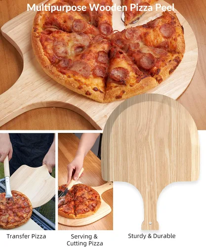 Vista 4 de SHINESTAR Pala de pizza de 12 pulgadas, paleta de madera para pizza casera, tabla de cortar natural y tabla de queso, tabla de cortar con cortador
