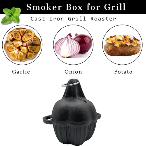 Vista 5 de Asador de hierro fundido, caja de ahumador de hierro fundido pre-sazonado para asar a gas, asador de ajo para horno, ideal para ahumar, asar, ajo