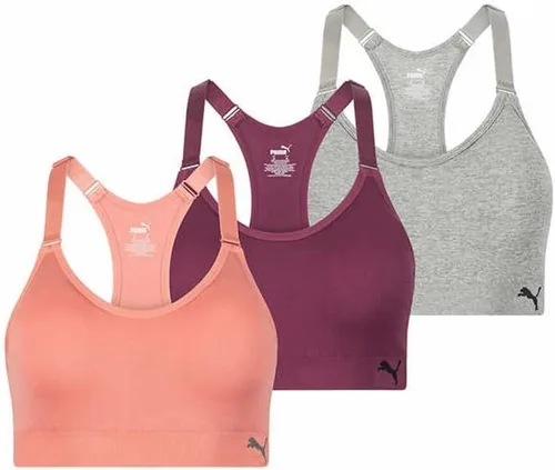 Vista 8 de PUMA Brasier deportivo para mujer, paquete de 3, CoralPúrpuraGris