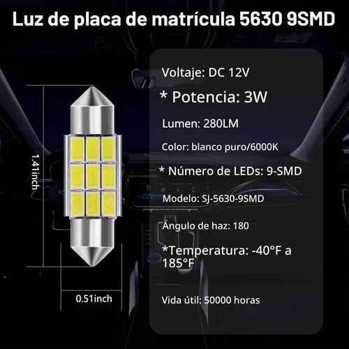 Vista 2 de 36mm Bombillas LED 6000K Blanco Puro Brillante para Luces Interiores de Coche, Libres de Errores, 9-SMD 5630 Chipsets, DE3021, Bombilla para Luz