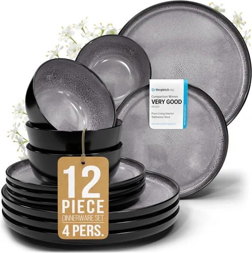 Vista 53 de Juego de vajilla de gres para 4 personas 12 piezas – Juego de platos y cuencos negros mate – Apto para lavavajillas, microondas y resistente a