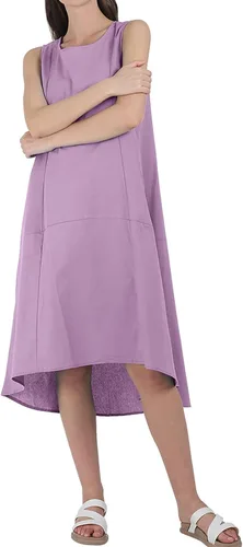 Vista 5 de utcoco Vestido casual de lino y algodón para mujer, cuello redondo, sin mangas, vestido midi para mujer