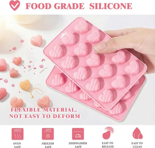 Vista 5 de Moldes de silicona en forma de corazón 2 piezas, molde de chocolate en forma de corazón 15 cavidades, moldes antiadherentes de grado alimenticio