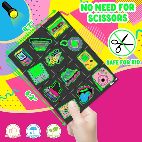 Vista 4 de 96 tatuajes temporales luminosos precortados de regreso a los años 90 y 80 que brillan For Kids Theme Birthday Party Decorations Supplies Favors