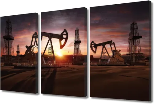 Vista 49 de TUMOVO Bombas de aceite en la puesta de sol para dormitorio, industria de petróleo y gas, pinturas de pared de 3 piezas de arte de pared de petróleo