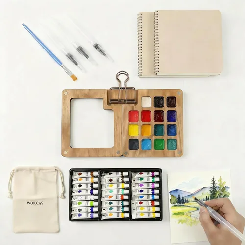 Mini juego de pintura de acuarela, kit de viaje de mini paleta de pintura, juegos de paleta de artistas portátiles con 24 colores, 2 libros,