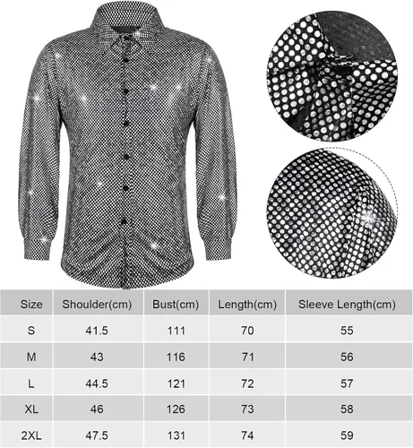 Vista 2 de Juego de 4 piezas de disfraz de discoteca de los años 70 para hombre, camisas brillantes de lujo, camisas de manga larga con lentejuelas para fiesta
