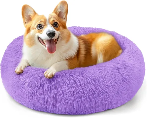 Vista 35 de Hoewina - Cama redonda, calmante, en forma de rosquilla, lavable, esponjosa para interiores, perros y gatos pequeños y medianos, negro, 20 pulgadas