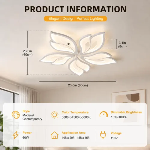 Vista 3 de Garwarm Lámpara de Techo Moderna, Candelabro LED Regulable de 23.6" Empotrado en el Techo, Control Remoto Lámpara de Hoja Acrílica Blanca para Sala