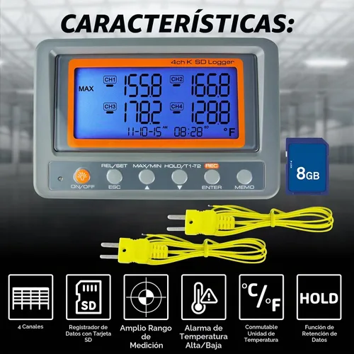 Vista 4 de Registrador de datos de termopar de 4 canales -328 ~ 2498 ° F, registrador de datos de temperatura con tarjeta SD de 8 GB, registro automático