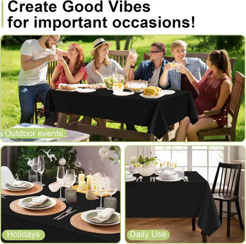 Vista 4 de QIKSION Manteles desechables de plástico negro, paquete de 2, manteles de 54 x 108 pulgadas para fiestas, graduaciones, decoraciones de Halloween